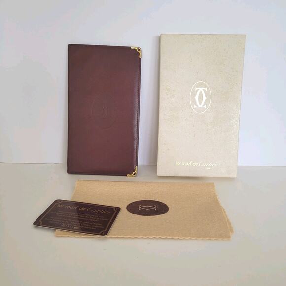 Cartier Vintage Bifold Leather Bordeaux Red Wallet Large Credit Card Holder Box